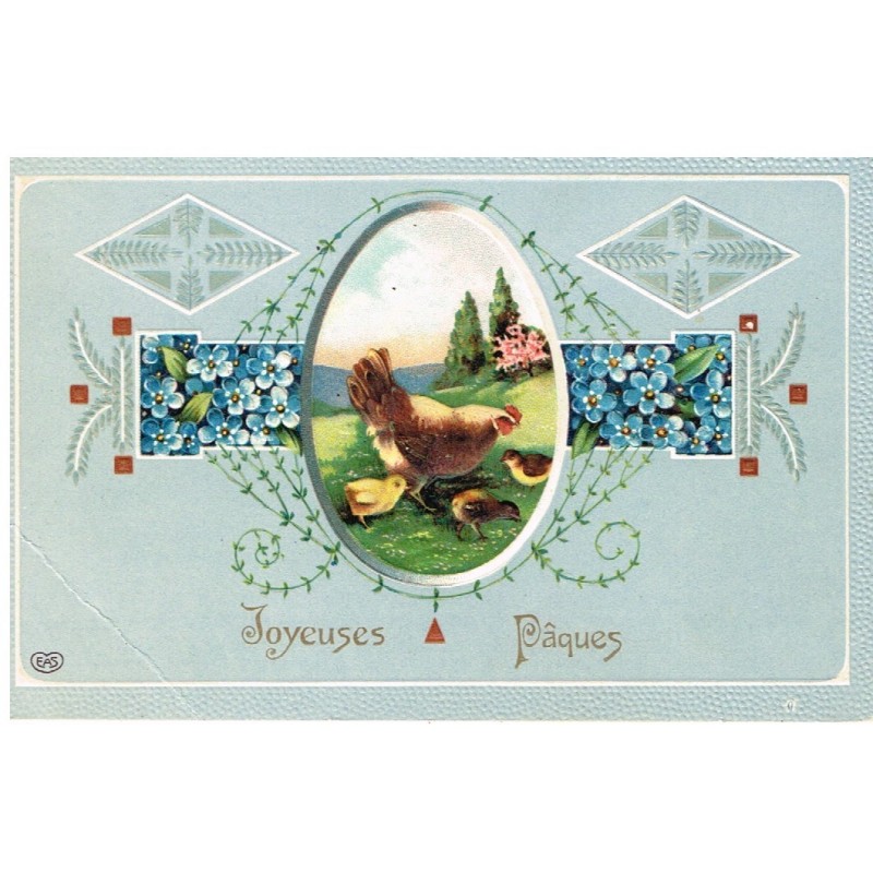 CARTE POSTALE JOYEUSES PAQUES GAUFREE - POULE ET POUSSINS EN MEDAILLON