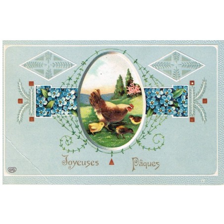 CARTE POSTALE JOYEUSES PAQUES GAUFREE - POULE ET POUSSINS EN MEDAILLON
