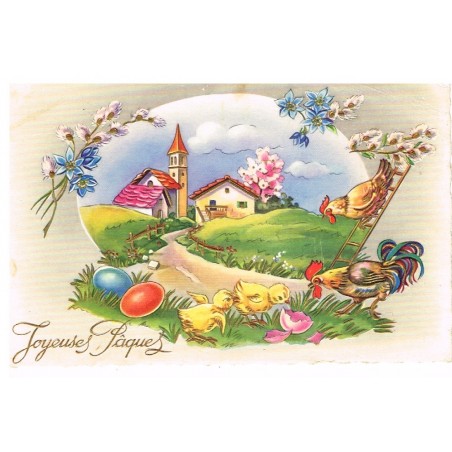 CARTE POSTALE JOYEUSES PAQUES - COQ, POULE ET POUSSINS, OEUFS