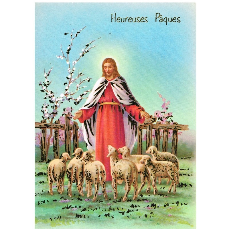 CARTE POSTALE HEUREUSES PAQUES - JESUS ET SES AGNEAUX
