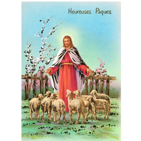 CARTE POSTALE HEUREUSES PAQUES - JESUS ET SES AGNEAUX