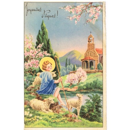 CARTE POSTALE JOYEUSES PAQUES - L'ENFANT JESUS GARDANT SES MOUTONS