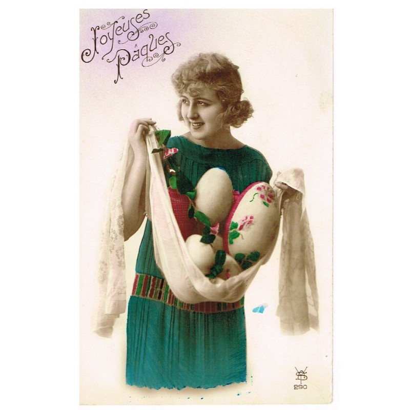 CARTE POSTALE JOYEUSES PAQUES - JEUNE FEMME AVEC DES OEUFS DECORES