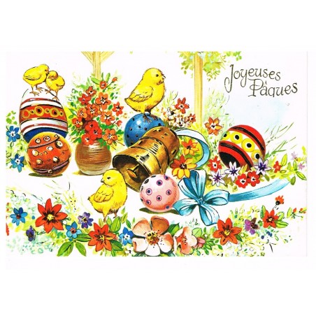 CARTE POSTALE JOYEUSES PAQUES - POUSSINS, OEUFS DECORES ET CLOCHE