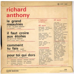 DISQUE 45 TOURS 17 cm EP - BIEM - RICHARD ANTHONY - LE GRAND MEAULNES