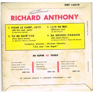 DISQUE 45 TOURS 17 cm EP - BIEM - RICHARD ANTHONY - FICHE LE CAMP, JACK