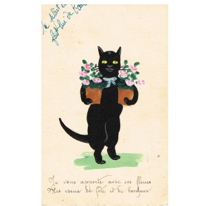 CARTE POSTALE PEINTE CHAT HUMANISE AVEC DEUX POTS DE FLEURS