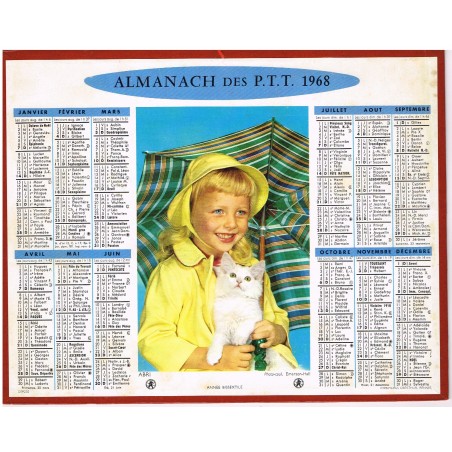 CALENDRIER ALMANACH DES PTT 1968 - ABRI