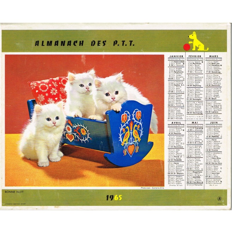 CALENDRIER ALMANACH DES PTT 1965 - CHATONS ET CHIOTS