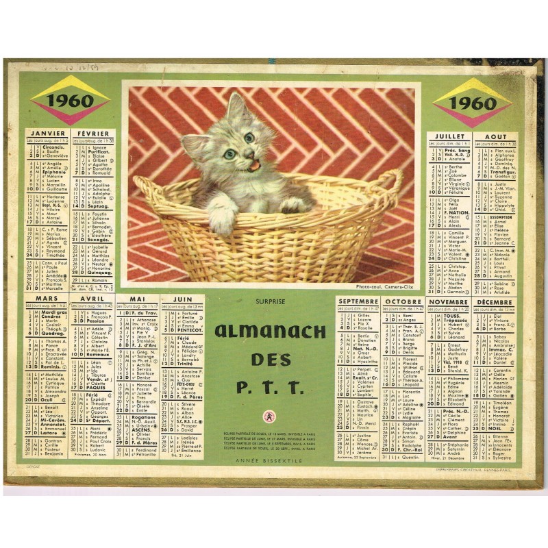 CALENDRIER ALMANACH DES PTT 1960 - SURPRISE