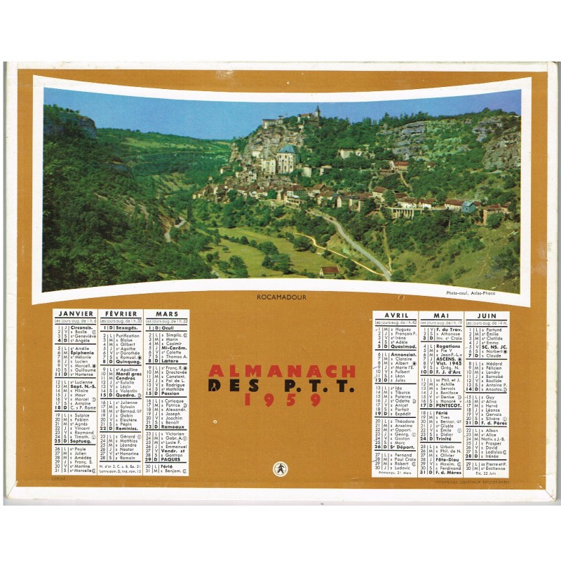 CALENDRIER ALMANACH DES PTT 1959 - ROCAMADOUR ET GERARDMER