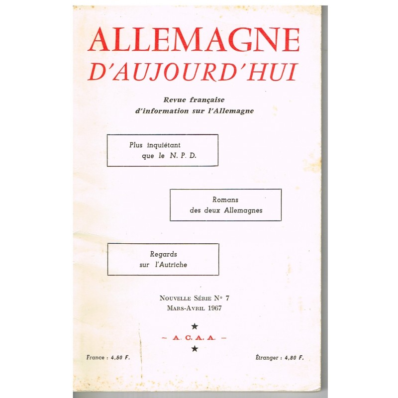LIVRE - ALLEMAGNE D'AUJOURD'HUI - REVUE FRANCAISE D'INFORMATION SUR L'ALLEMAGNEne