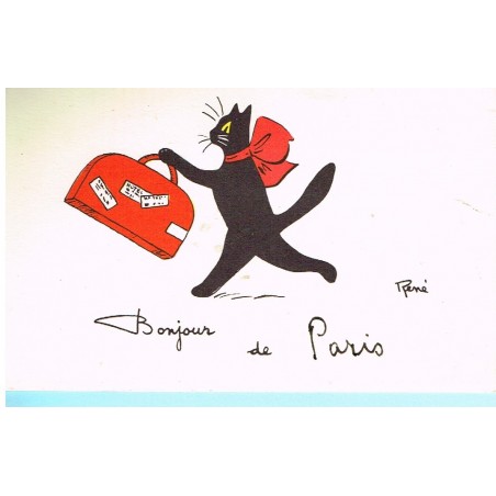 CARTE POSTALE CHAT NOIR "BONJOUR DE PARIS" - SIGNEE RENE