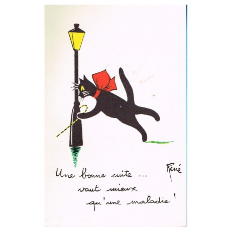 CARTE POSTALE CHAT NOIR "UNE BONNE CUITE..." - SIGNEE RENE
