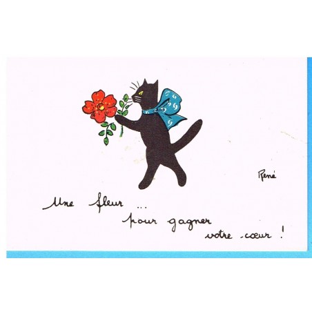 CARTE POSTALE CHAT NOIR ET FLEUR SIGNEE RENE