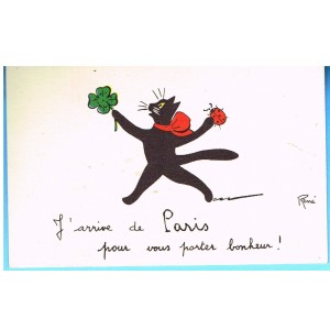 CARTE POSTALE CHAT NOIR "J'ARRIVE DE PARIS..." SIGNEE RENE