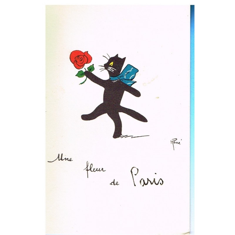 CARTE POSTALE CHAT NOIR "UNE FLEUR DE PARIS" - SIGNEE RENE