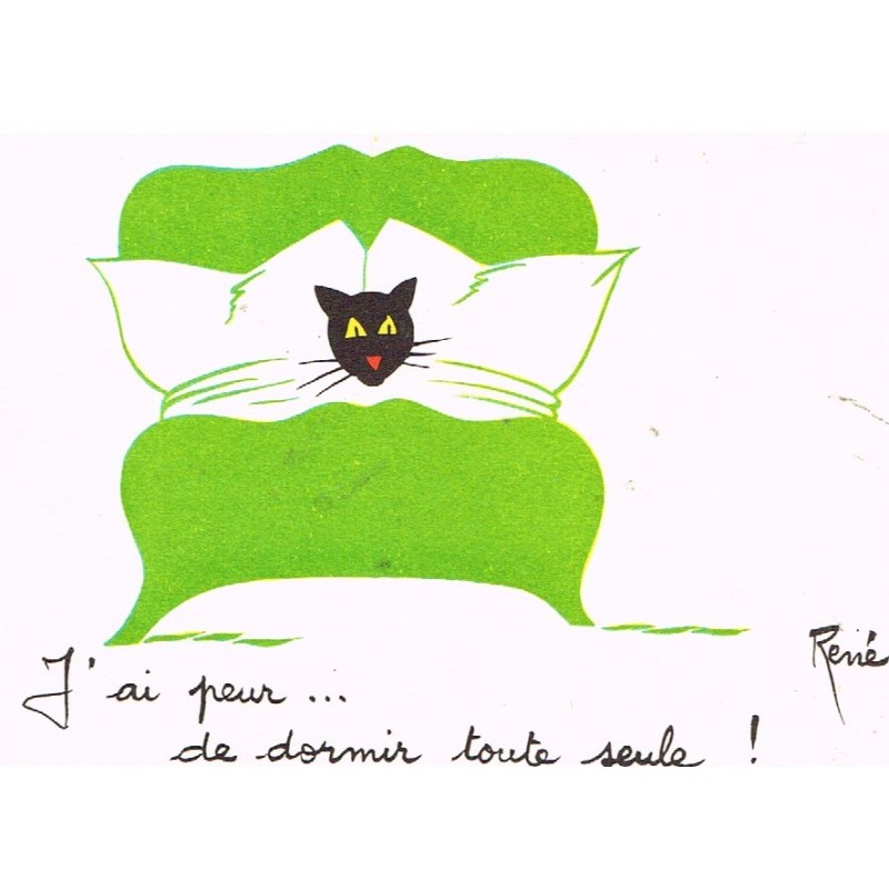 CARTE POSTALE CHAT NOIR DANS LIT VERT