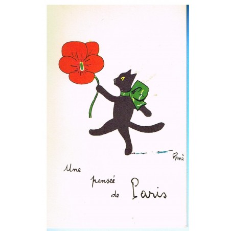 CARTE POSTALE CHAT NOIR "UNE PENSEE DE PARIS" - SIGNEE RENE