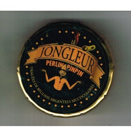 BOITE LE  JONGLEUR PERLINPINPIN, DRAGEES DE REGLISSE ARGENTEES MULTICOLORES