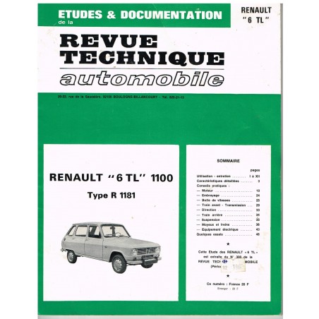 REVUE TECHNIQUE AUTOMOBILE ETUDES ET DOCUMENTATION - RENAULT "6TL" 1100 TYPE R 1181