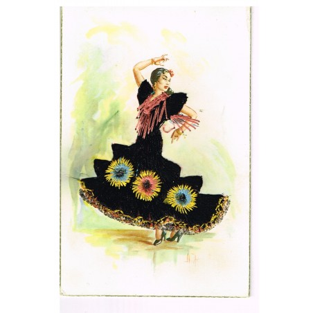 CARTE POSTALE BRODEE DANSEUSE ESPAGNOLE