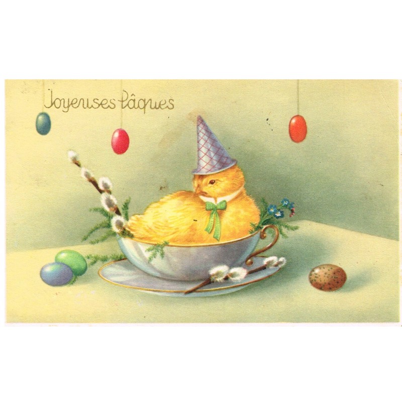 CARTE POSTALE JOYEUSES PAQUES - POUSSIN EN FETE ET OEUFS COLORES
