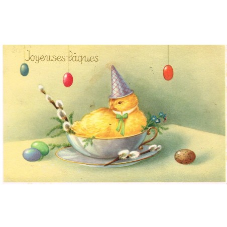 CARTE POSTALE JOYEUSES PAQUES - POUSSIN EN FETE ET OEUFS COLORES