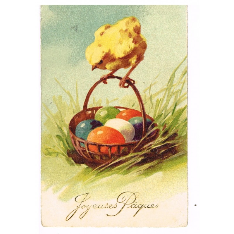 CARTE POSTALE JOYEUSES PAQUES - POUSSIN SUR UN PANIER D'OEUFS COLORES