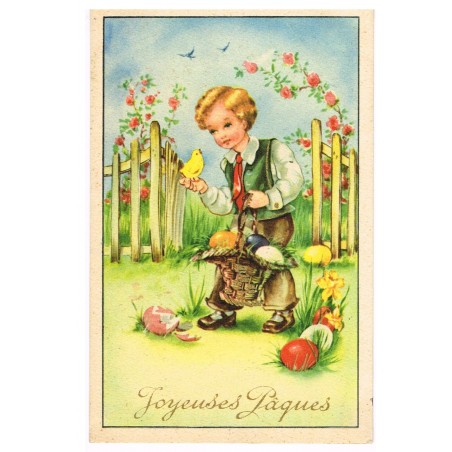 CARTE POSTALE JOYEUSES PAQUES AVEC DORURES - ENFANT CHERCHANT LES OEUFS