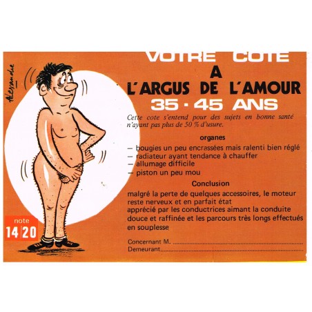 CARTE POSTALE HUMOUR SEXY  VOTRE COTE A L'ARGUS DE L'AMOUR 35 - 45 ANS, SIGNEE ALEXANDRE