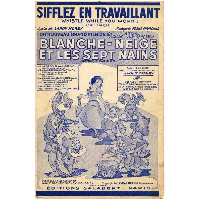 6 PARTITIONS DU FILM DE WALT DISNEY 1938 BLANCHE NEIGE ET LES SEPT NAINS