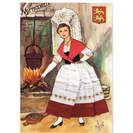CARTE POSTALE BRODEE-HABILLEE - NORMANDE AU COIN DU FEU