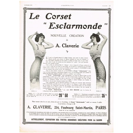 PUBLICITE ANCIENNE DE 1912 LE CORSET "ESCLARMONDE"