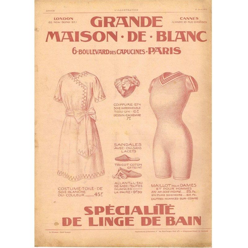 PUBLICITE ANCIENNE DE 1912 GRANDE MAISON DE BLANC - SPECIALITE DE LINGE DE BAIN