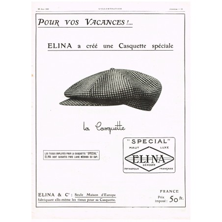 PUBLICITE ANCIENNE DE 1926 LA CASQUETTE ELINA POUR VOS VACANCES