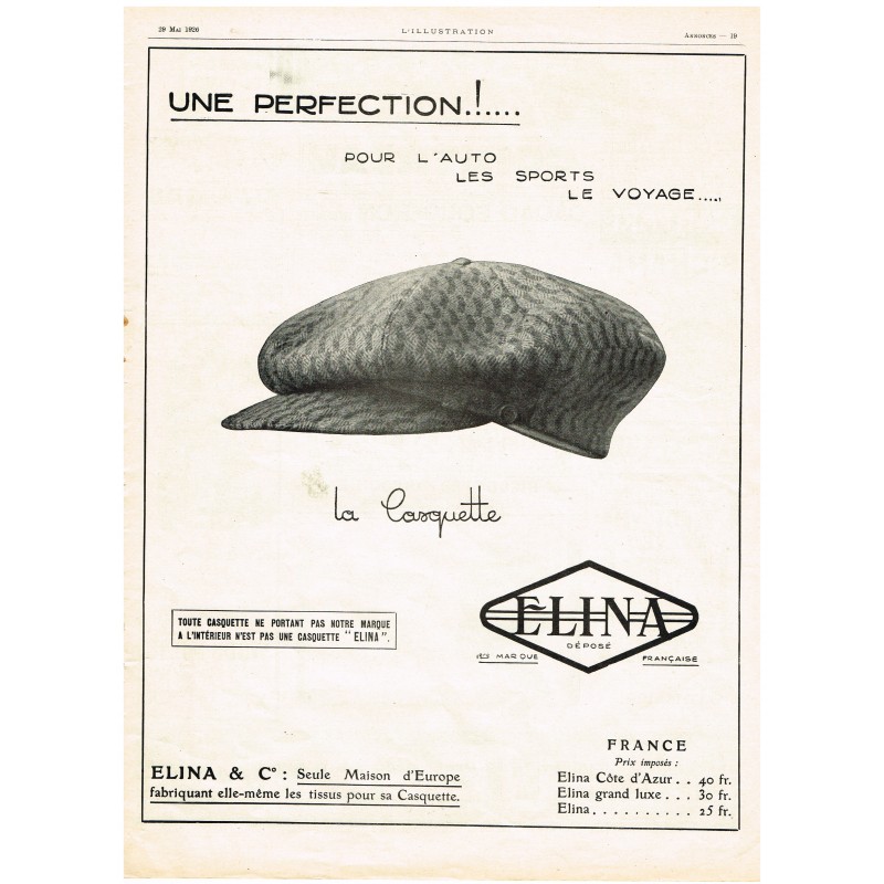 PUBLICITE ANCIENNE DE 1926 LA CASQUETTE ELINA POUR L'AUTO, LES SPORTS...