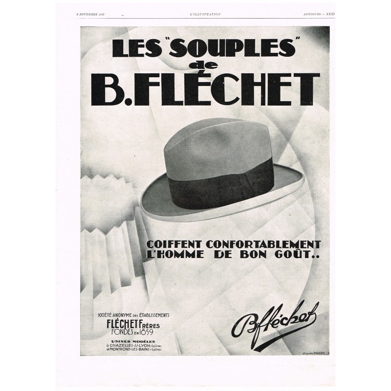 PUBLICITE ANCIENNE DE 1929 CHAPEAU - LES SOUPLES DE B. FLECHET