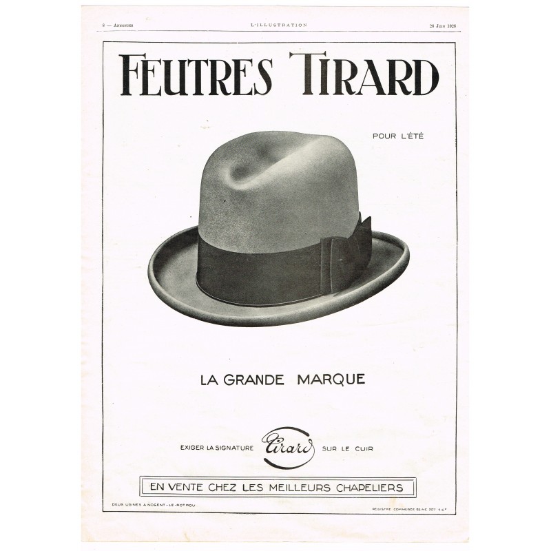 PUBLICITE ANCIENNE DE 1926 CHAPEAU - FEUTRES TIRARD