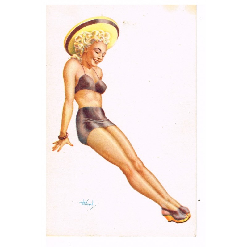 CARTE POSTALE PIN-UP AU CHAPEAU JAUNE - ANDRE BERMOND