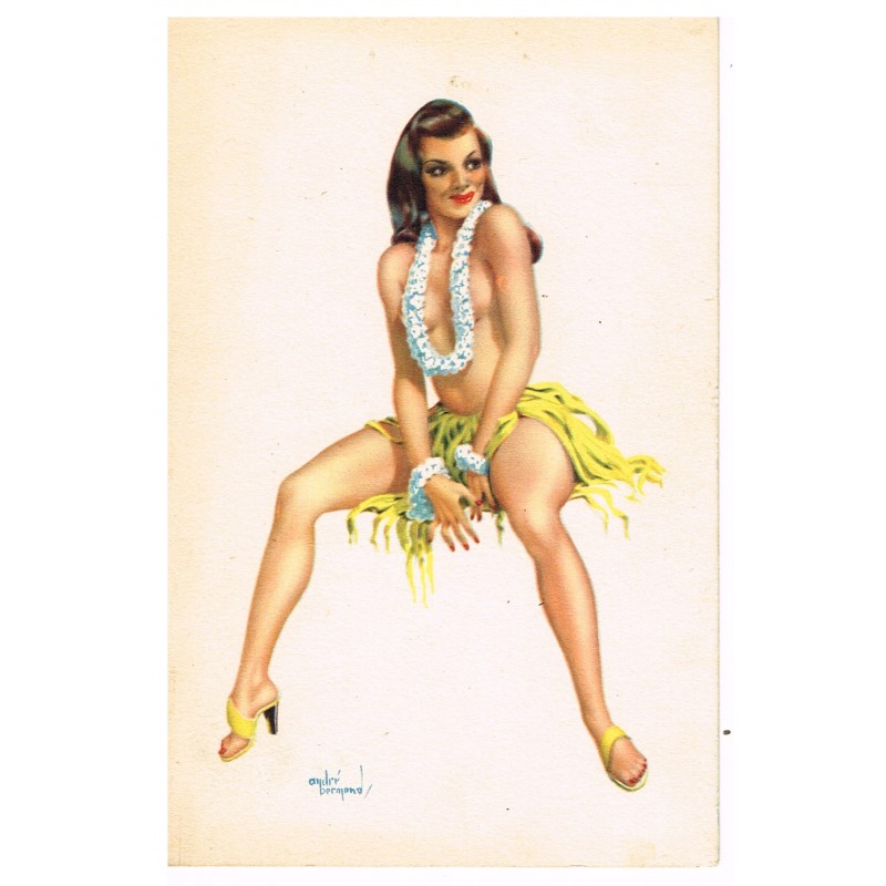 CARTE POSTALE PIN-UP AU COLLIER DE FLEURS - ILLUSTRATEUR ANDRE BERMOND CARTE POSTALE PIN-UP AU COLLIER DE FLEURS - ILLUSTRATEUR ANDRE BERMOND