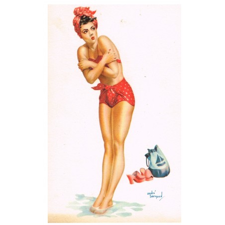 CARTE POSTALE PIN-UP EN MAILLOT ROUGE ET BLANC -  ANDRE BERMOND