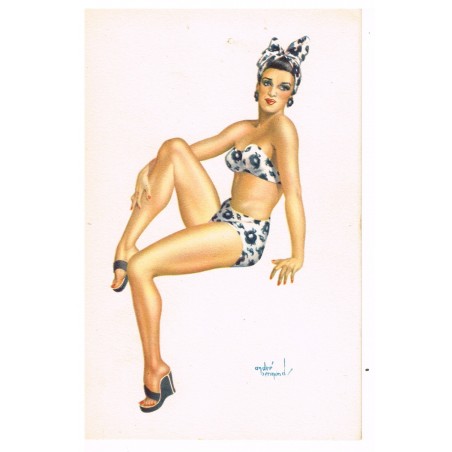 CARTE POSTALE PIN-UP EN MAILLOT NOIR ET BLANC - ANDRE BERMOND