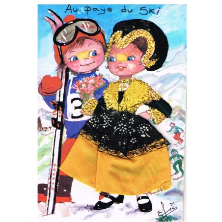 CARTE POSTALE BRODEE-HABILLEE - AU PAYS DU SKI