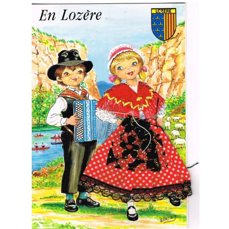 CARTE POSTALE BRODEE-HABILLEE - EN LOZERE signée GARCIA