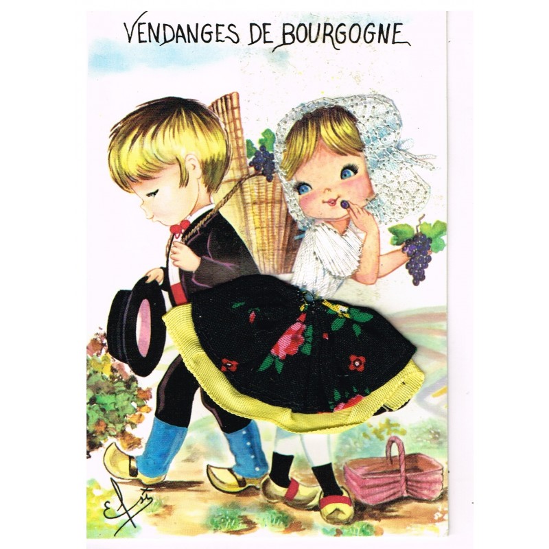 CARTE POSTALE BRODEE HABILLEE - VENDANGES DE BOURGOGNE