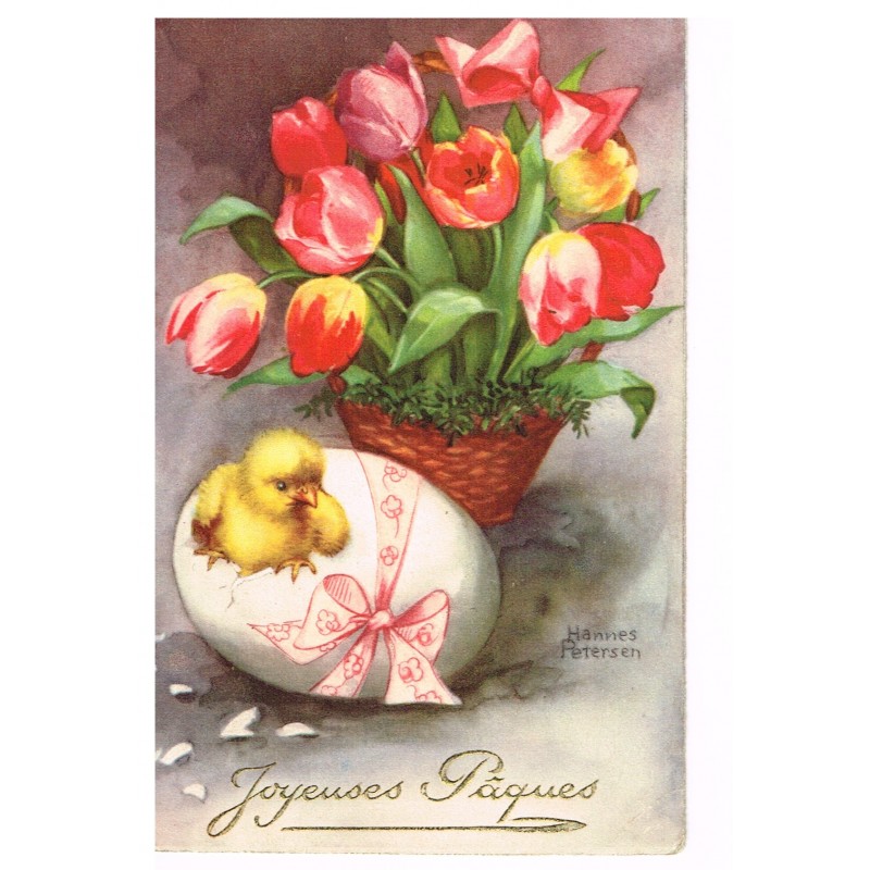 CARTE POSTALE JOYEUSES PAQUES - POUSSIN SORTANT D'UN OEUF SIGNEE HANNES PETERSEN