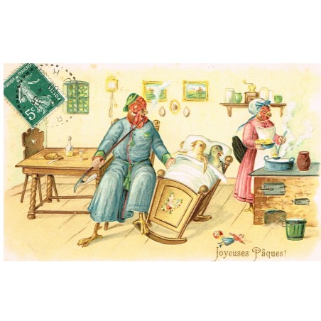 CARTE POSTALE GAUFREE JOYEUSES PAQUES - POULE COQ ET POUSSINS HUMANISES
