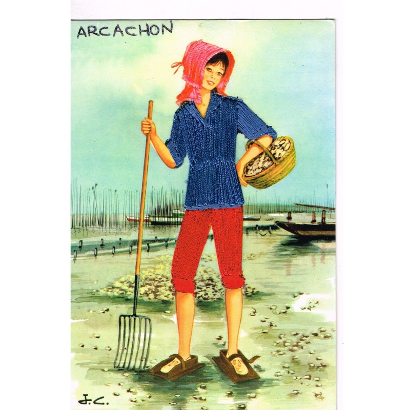 CARTE POSTALE BRODEE - ARCACHON SIGNEE  J. C