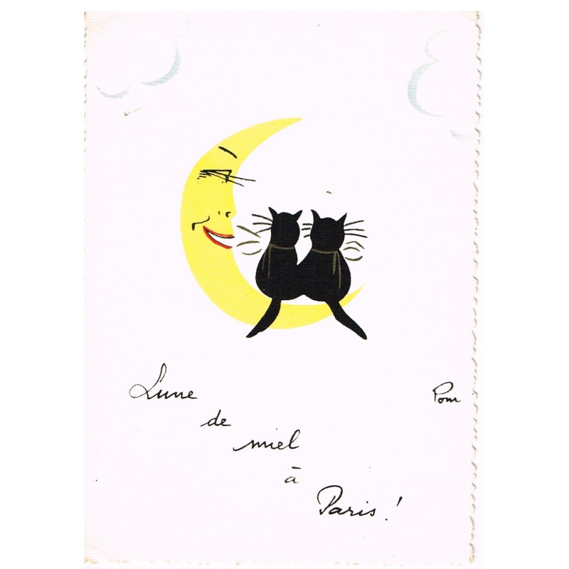 CARTE POSTALE CHATS "LUNE DE MIEL A PARIS" - SIGNEE PONI